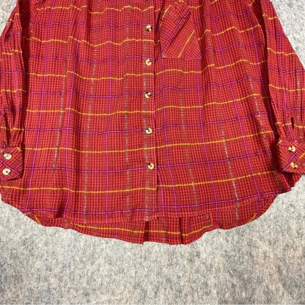 Free People Red Cherry Plaid Break My Stride Metallic Tunic Button-Up Shirt - XS